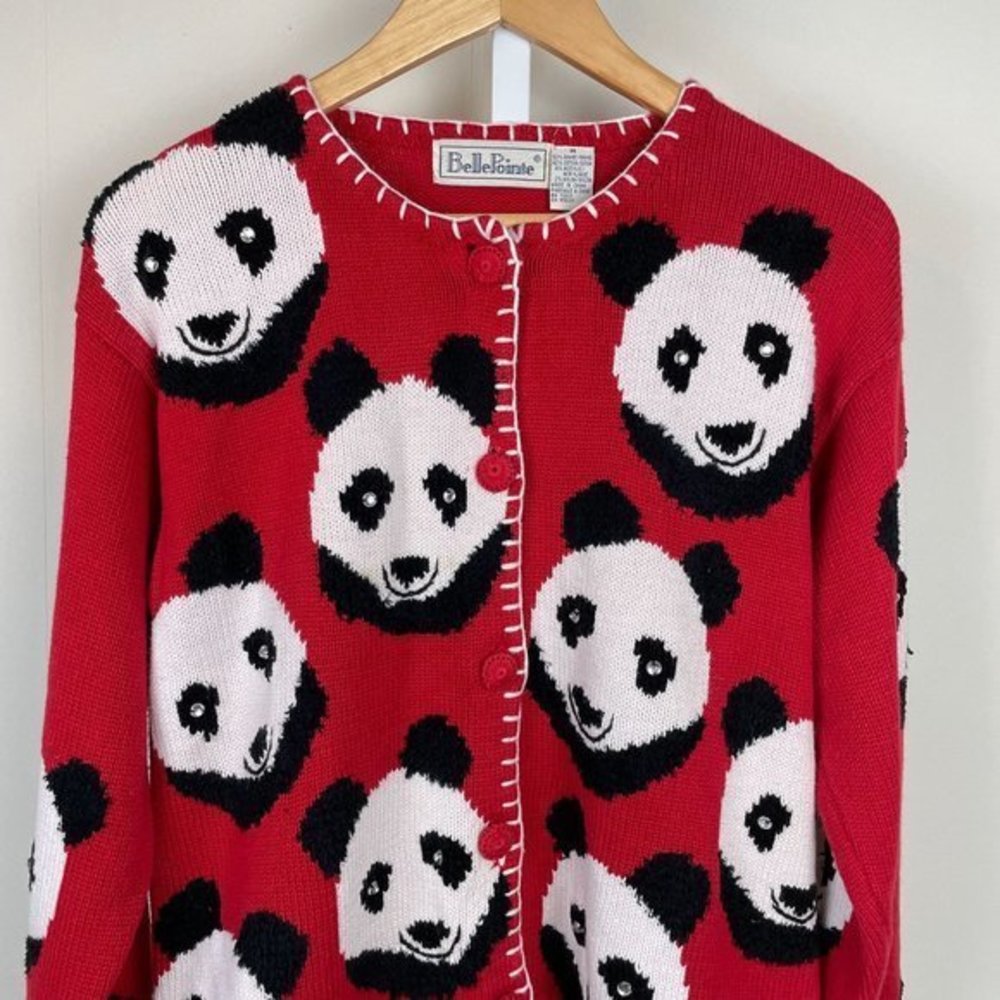 VTG 90s Belle‎ Pointe Cardigan Sweater Womens Medium Panda Face Allover Pattern